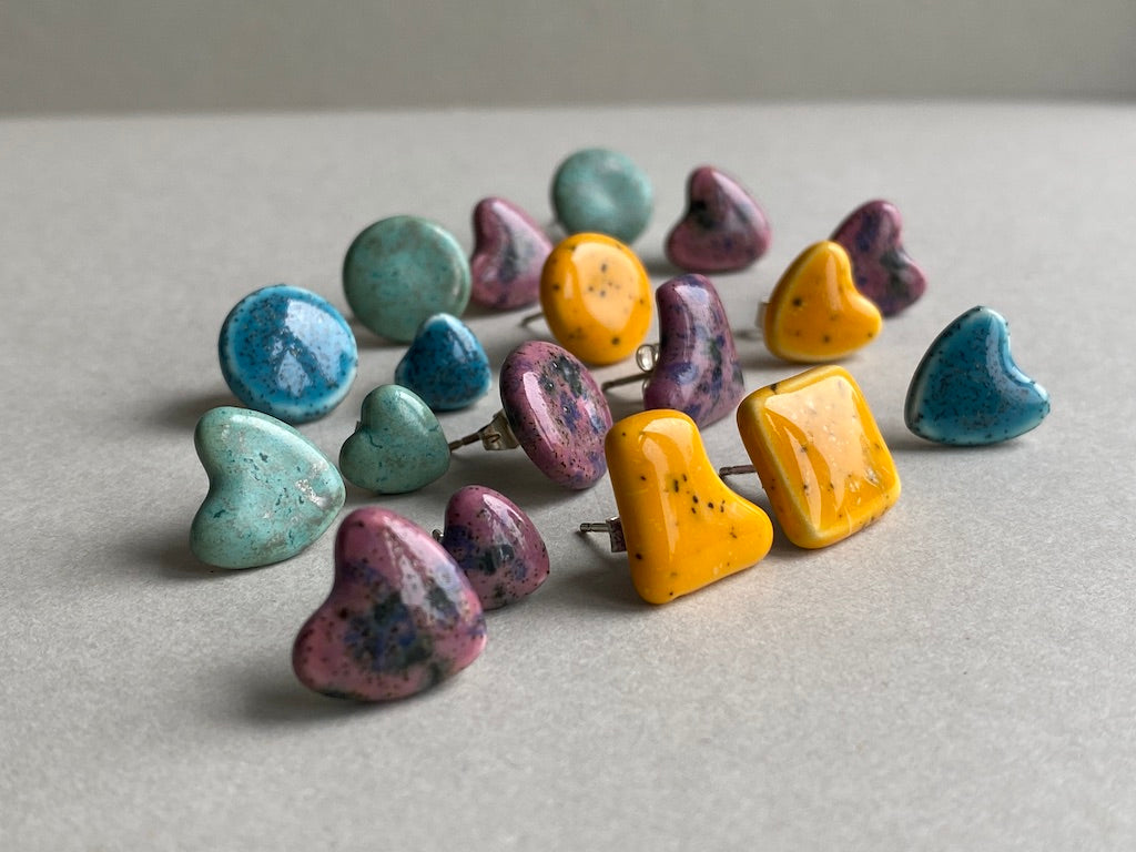 Handmade Mismatched Stud Earrings - Yellow and Blue Hearts - P&P incl