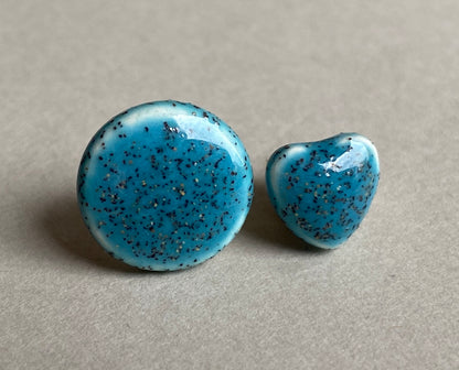 Handmade Mismatched Stud Earrings - Round and Heart in Hawaiian Blue *p&p incl