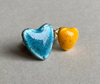 Handmade Mismatched Stud Earrings - Yellow and Blue Hearts - P&P incl