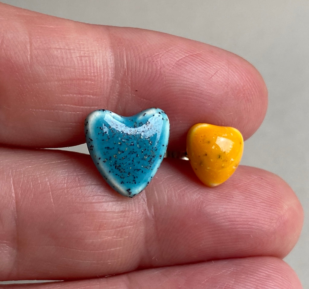 Handmade Mismatched Stud Earrings - Yellow and Blue Hearts - P&P incl