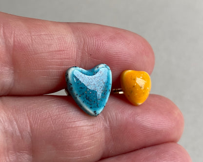 Handmade Mismatched Stud Earrings - Yellow and Blue Hearts - P&P incl