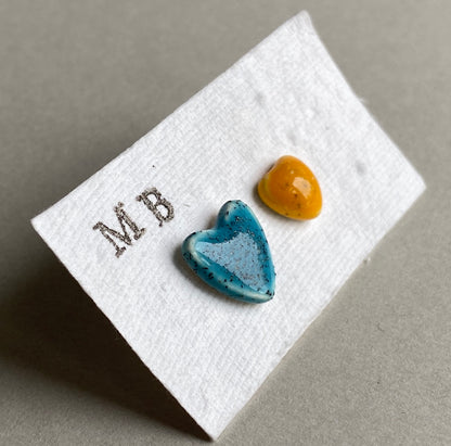 Handmade Mismatched Stud Earrings - Yellow and Blue Hearts - P&P incl