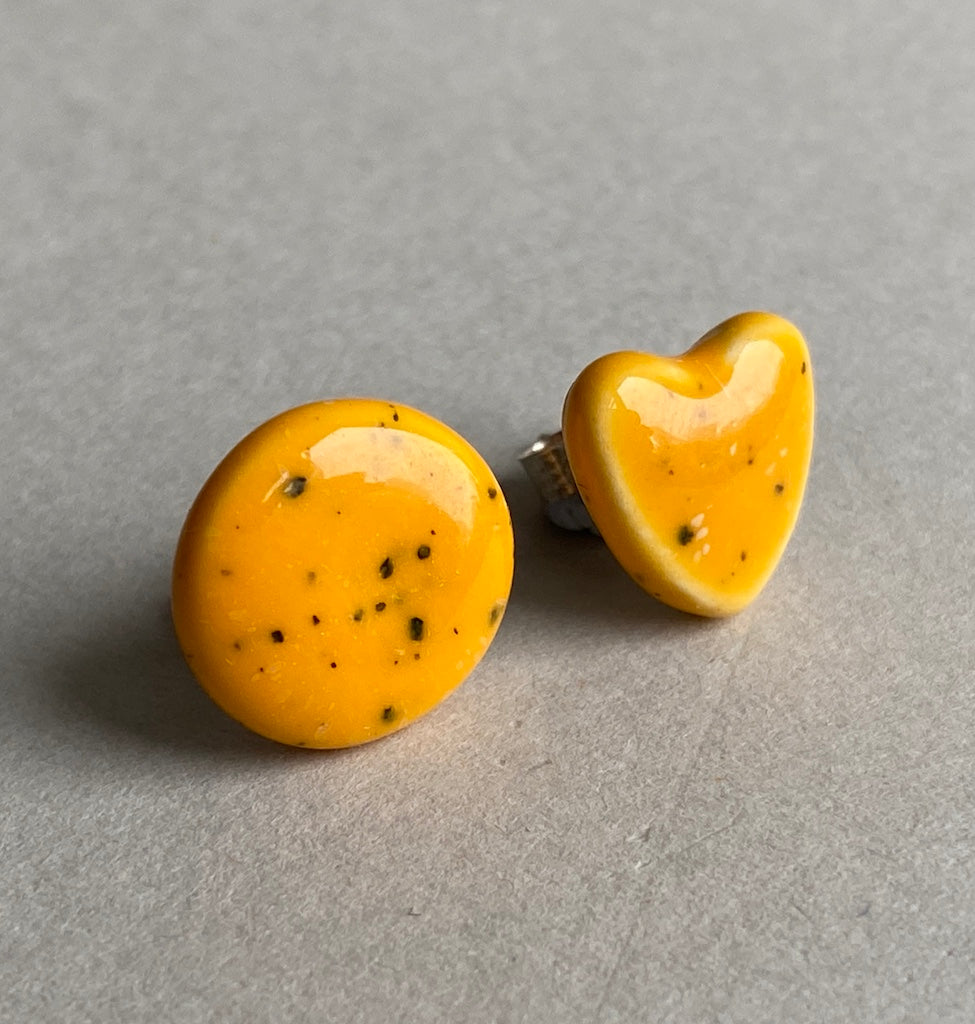 Handmade Mismatched Stud Earrings -Heart and Round passionfruit Yellow -  Kapow Range *P&P incl