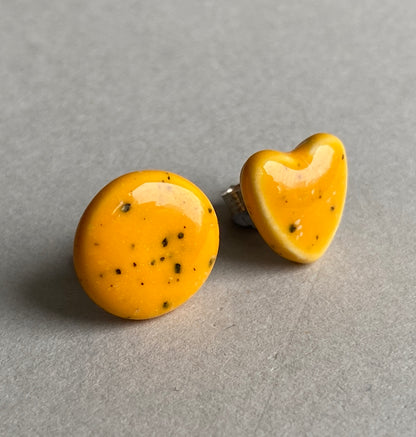 Handmade Mismatched Stud Earrings -Heart and Round passionfruit Yellow -  Kapow Range *P&P incl