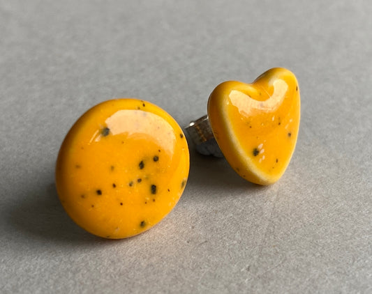 Handmade Mismatched Stud Earrings -Heart and Round passionfruit Yellow -  Kapow Range *P&P incl