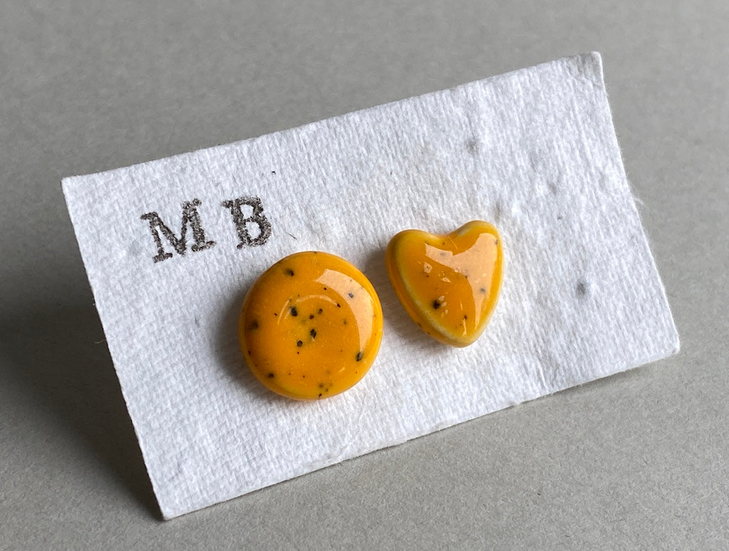 Handmade Mismatched Stud Earrings -Heart and Round passionfruit Yellow -  Kapow Range *P&P incl