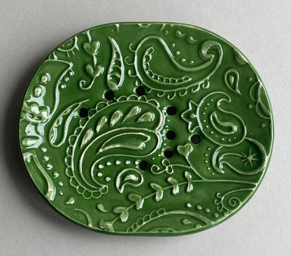 Soap Dish Handmade Ceramic Green Dish - paisley design