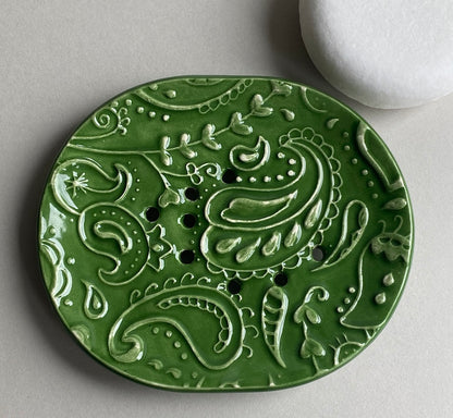 Soap Dish Handmade Ceramic Green Dish - paisley design