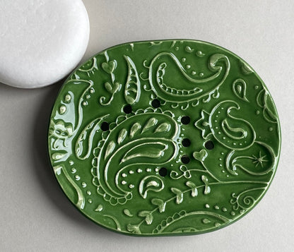 Soap Dish Handmade Ceramic Green Dish - paisley design