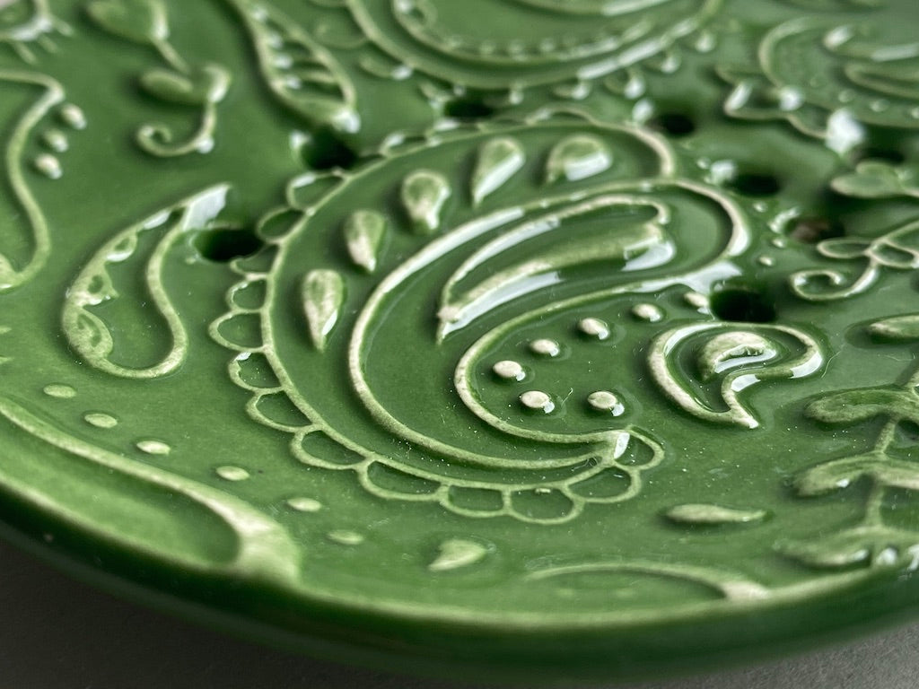 Soap Dish Handmade Ceramic Green Dish - paisley design