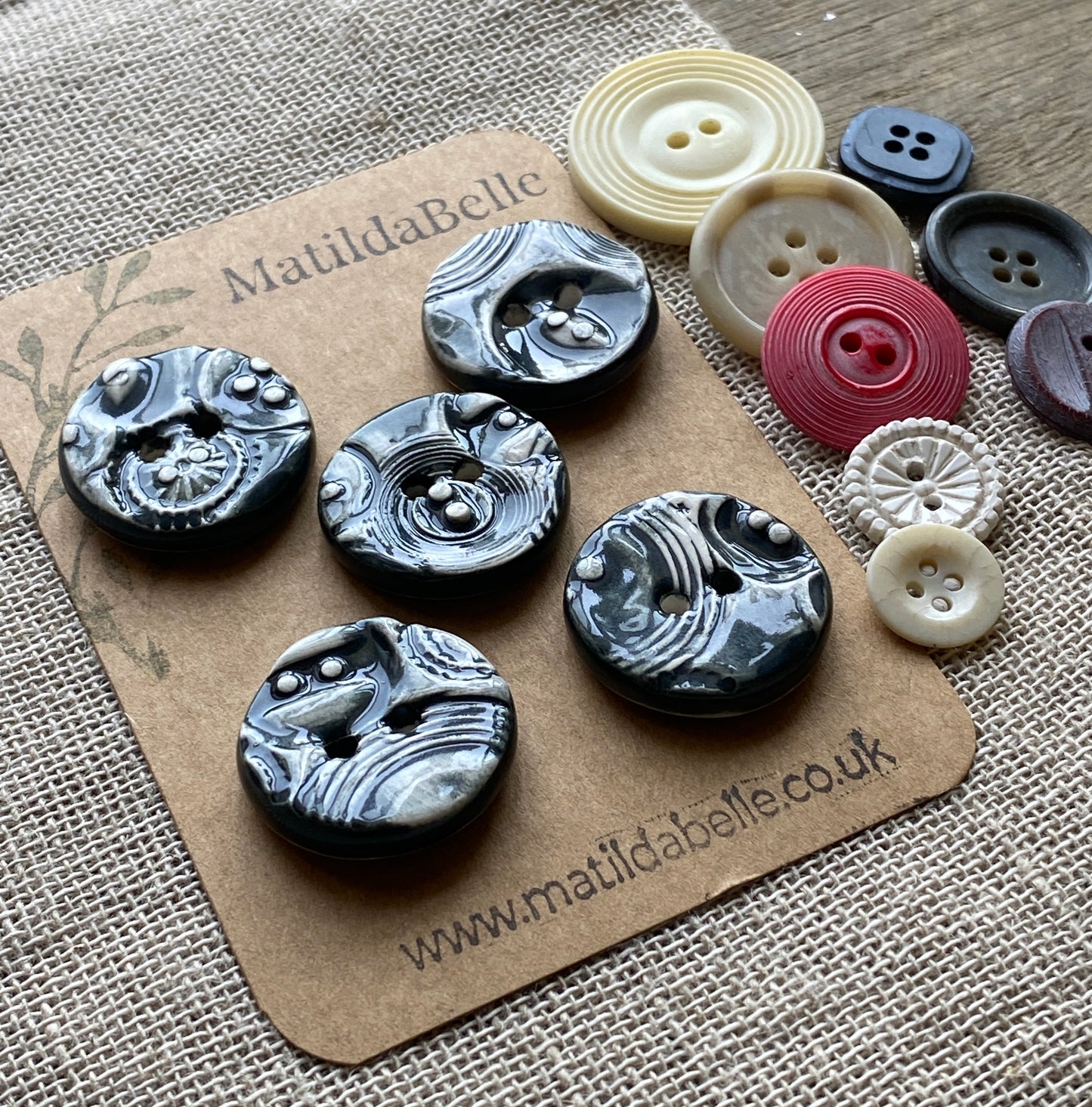 26mm set of 5 Round Vintage Black Ceramic Buttons