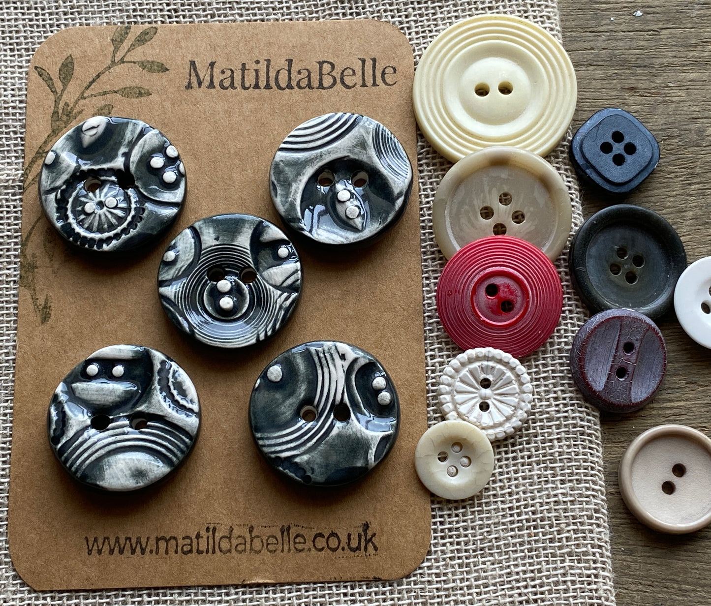 26mm set of 5 Round Vintage Black Ceramic Buttons