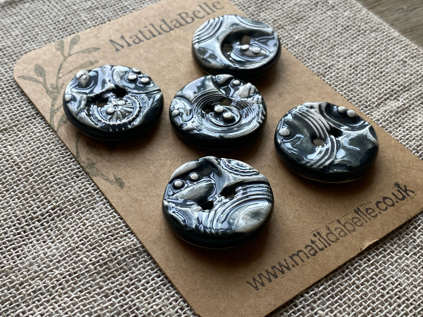 26mm set of 5 Round Vintage Black Ceramic Buttons