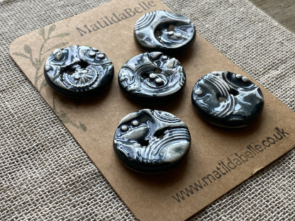 26mm set of 5 Round Vintage Black Ceramic Buttons