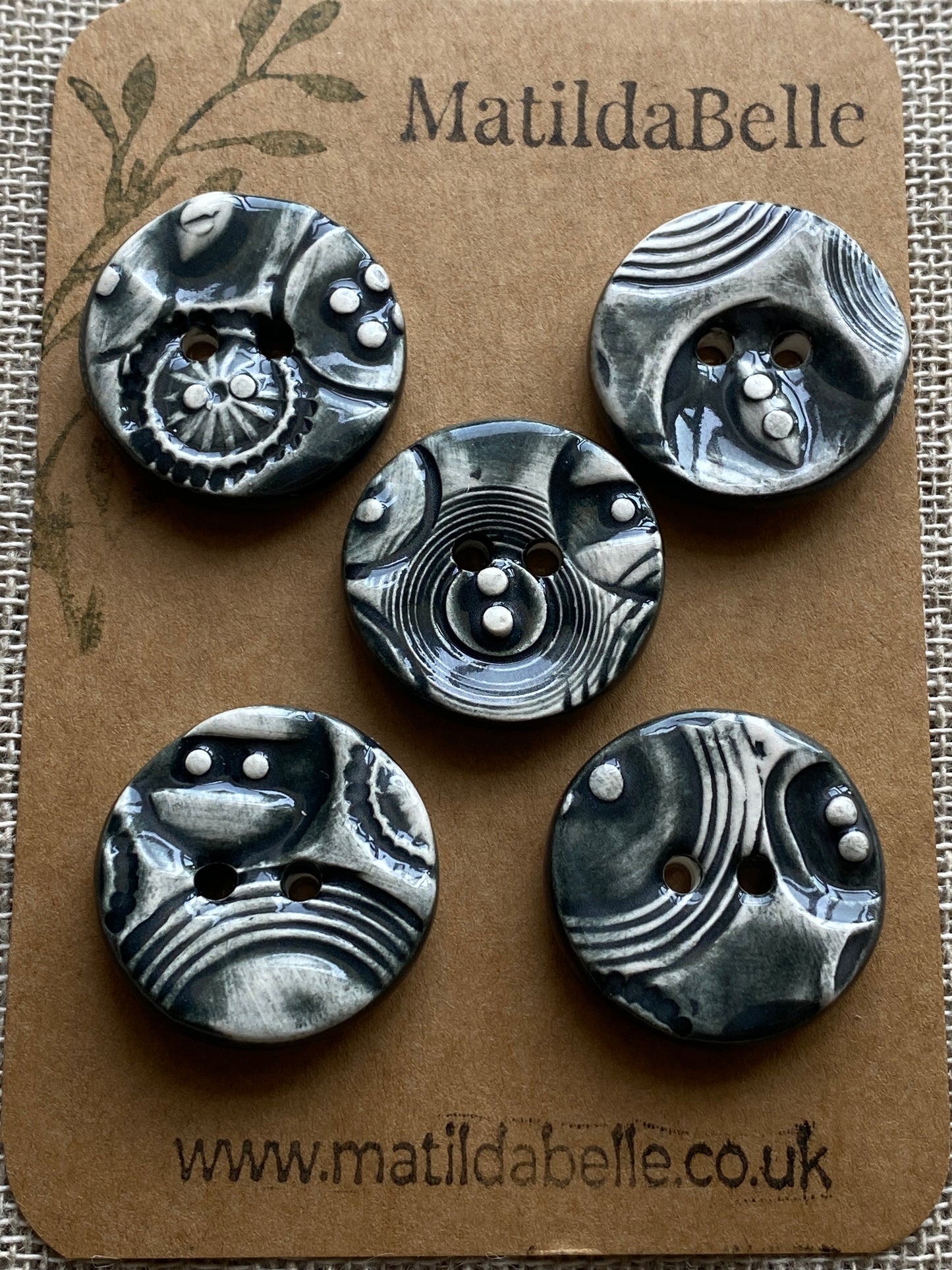 26mm set of 5 Round Vintage Black Ceramic Buttons