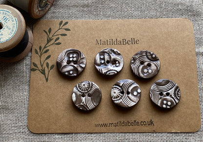26mm set of 6 Round Vintage Chocolate Ceramic Buttons