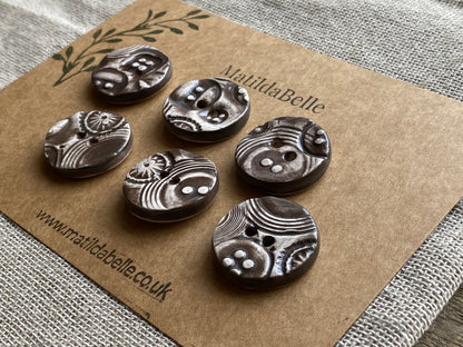 26mm set of 6 Round Vintage Chocolate Ceramic Buttons