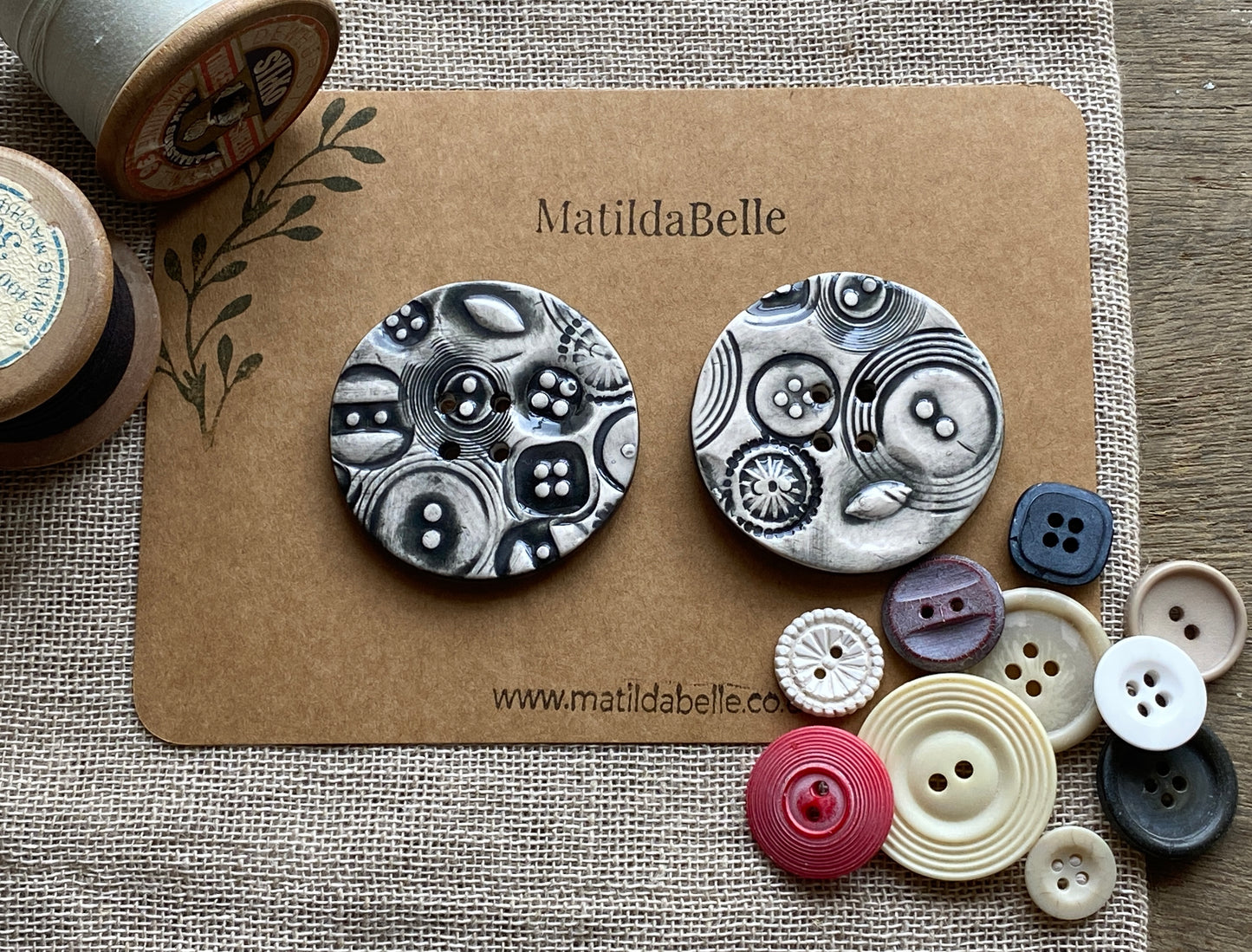 48mm set of 2 Round Vintage Chocolate / Black Ceramic Buttons