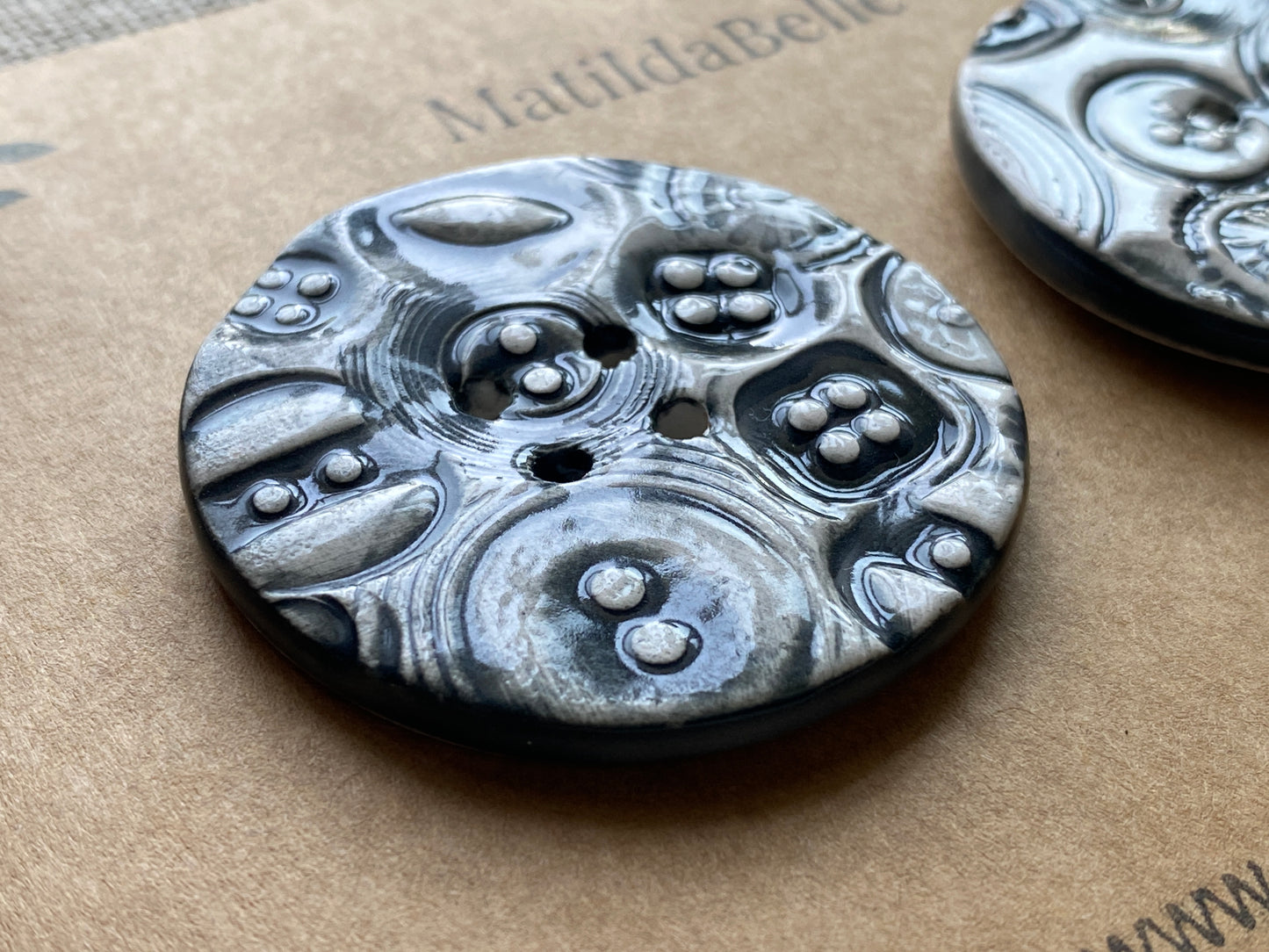 48mm set of 2 Round Vintage Chocolate / Black Ceramic Buttons