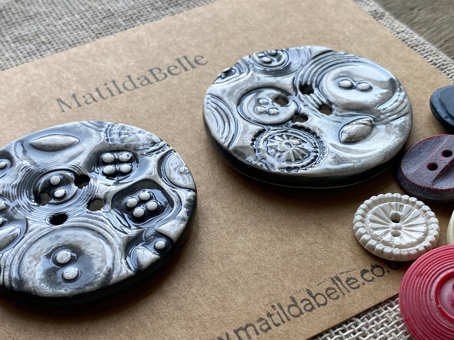48mm set of 2 Round Vintage Chocolate / Black Ceramic Buttons