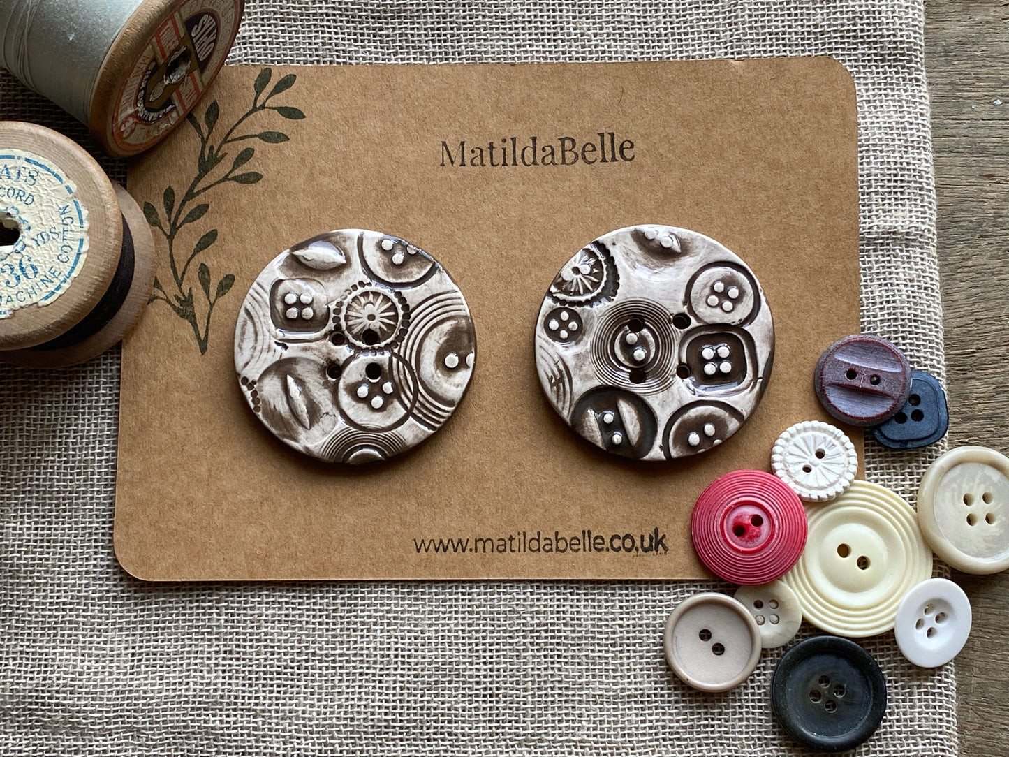 48mm set of 2 Round Vintage Chocolate / Black Ceramic Buttons