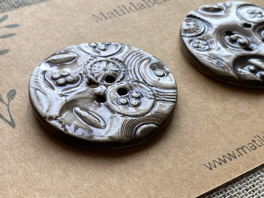 48mm set of 2 Round Vintage Chocolate / Black Ceramic Buttons