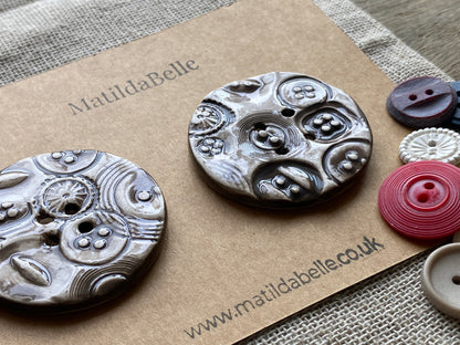 48mm set of 2 Round Vintage Chocolate / Black Ceramic Buttons