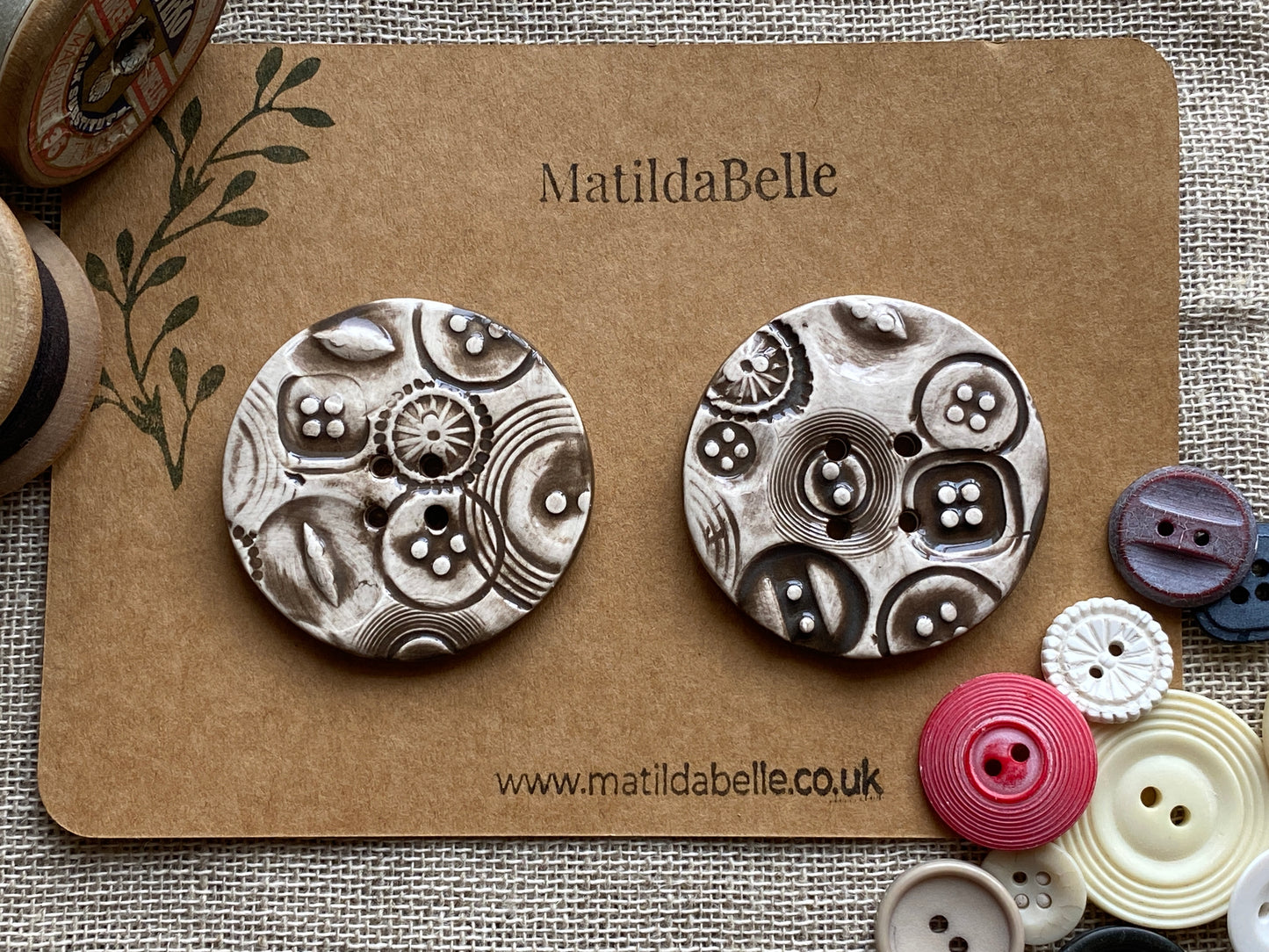 48mm set of 2 Round Vintage Chocolate / Black Ceramic Buttons