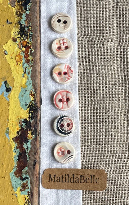 17mm set of 6 Round Vintage Style Ceramic Buttons