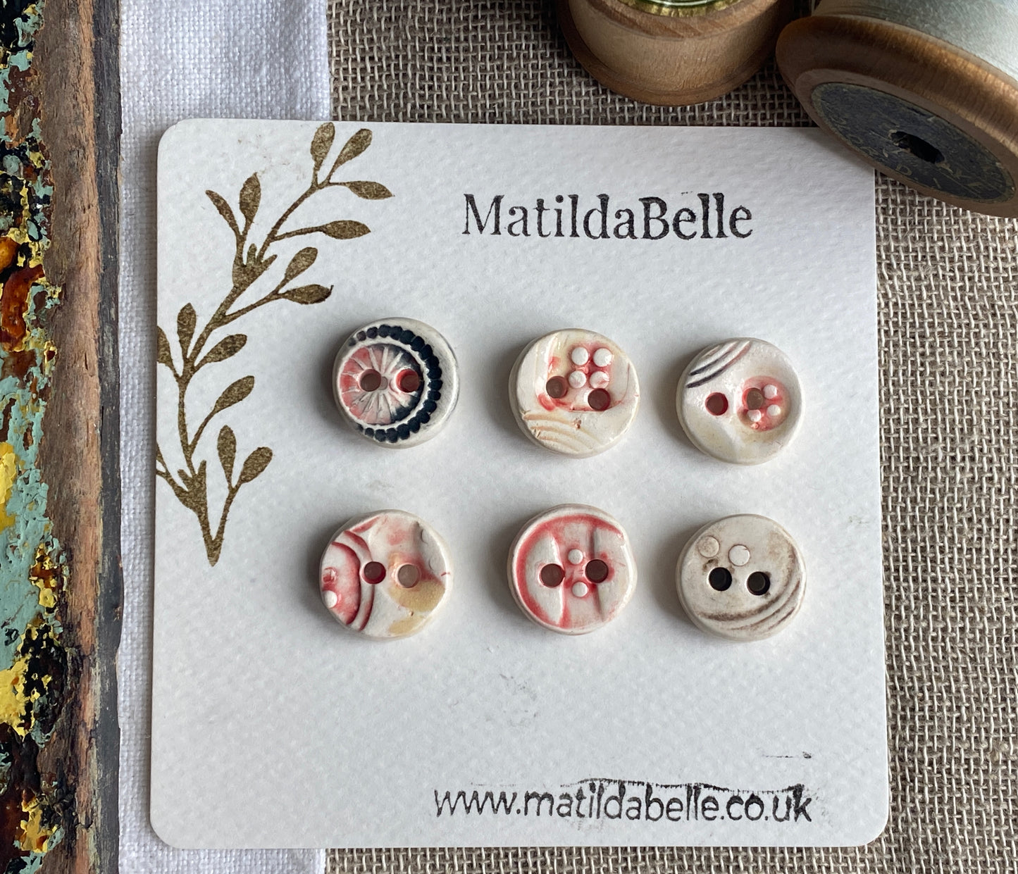 17mm set of 6 Round Vintage Style Ceramic Buttons