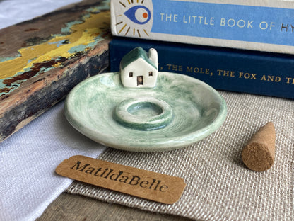 Handmade Ceramic Cottage Incense Holder soft green
