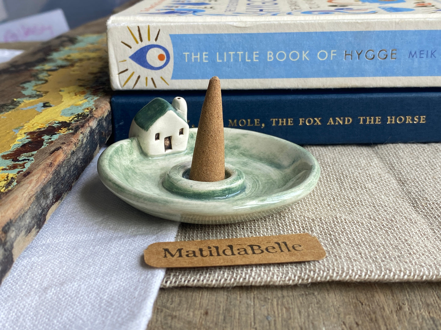 Handmade Ceramic Cottage Incense Holder soft green