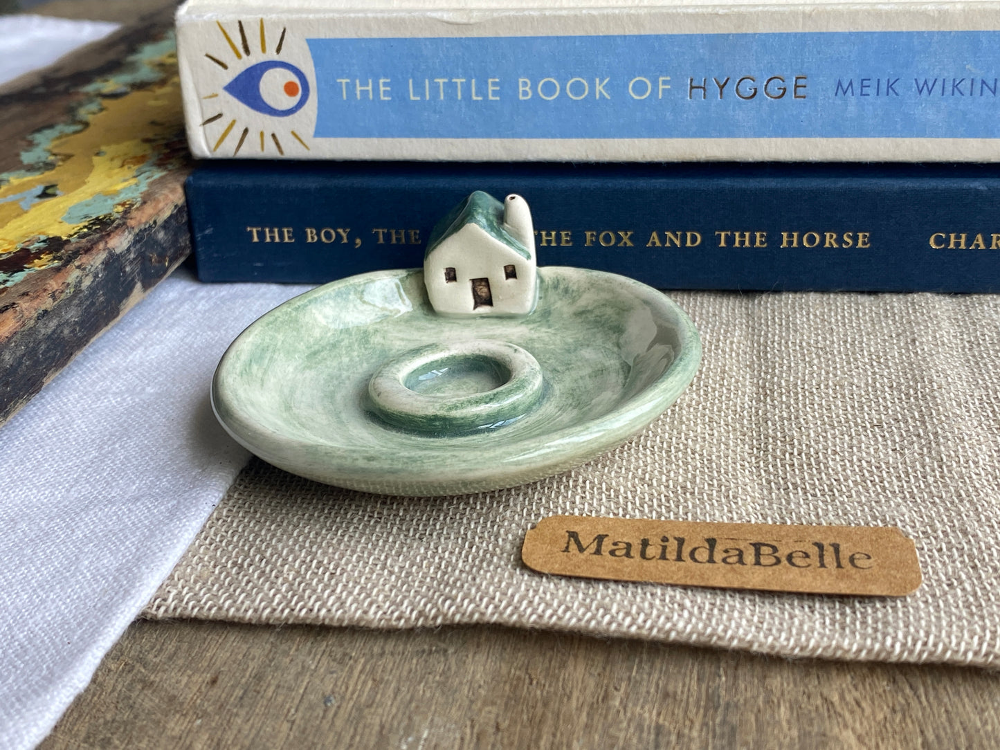 Handmade Ceramic Cottage Incense Holder soft green