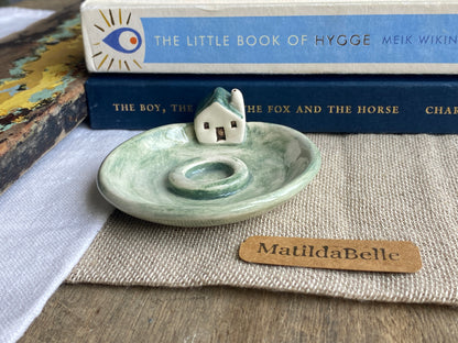 Handmade Ceramic Cottage Incense Holder soft green