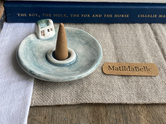 Handmade Ceramic Cottage Incense Holder Green roof