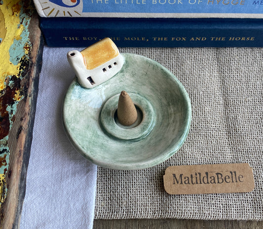 Handmade Ceramic Cottage Incense Holder Amber roof