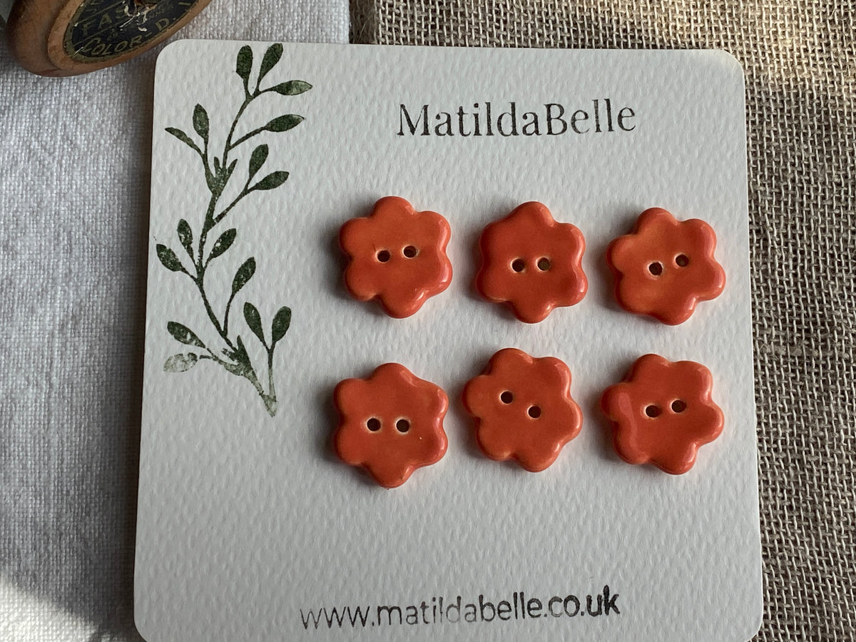 Orange Flower Ceramic Buttons, 20mm Set of 6