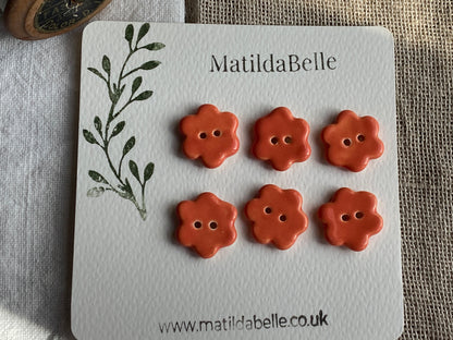 Orange Flower Ceramic Buttons, 20mm Set of 6