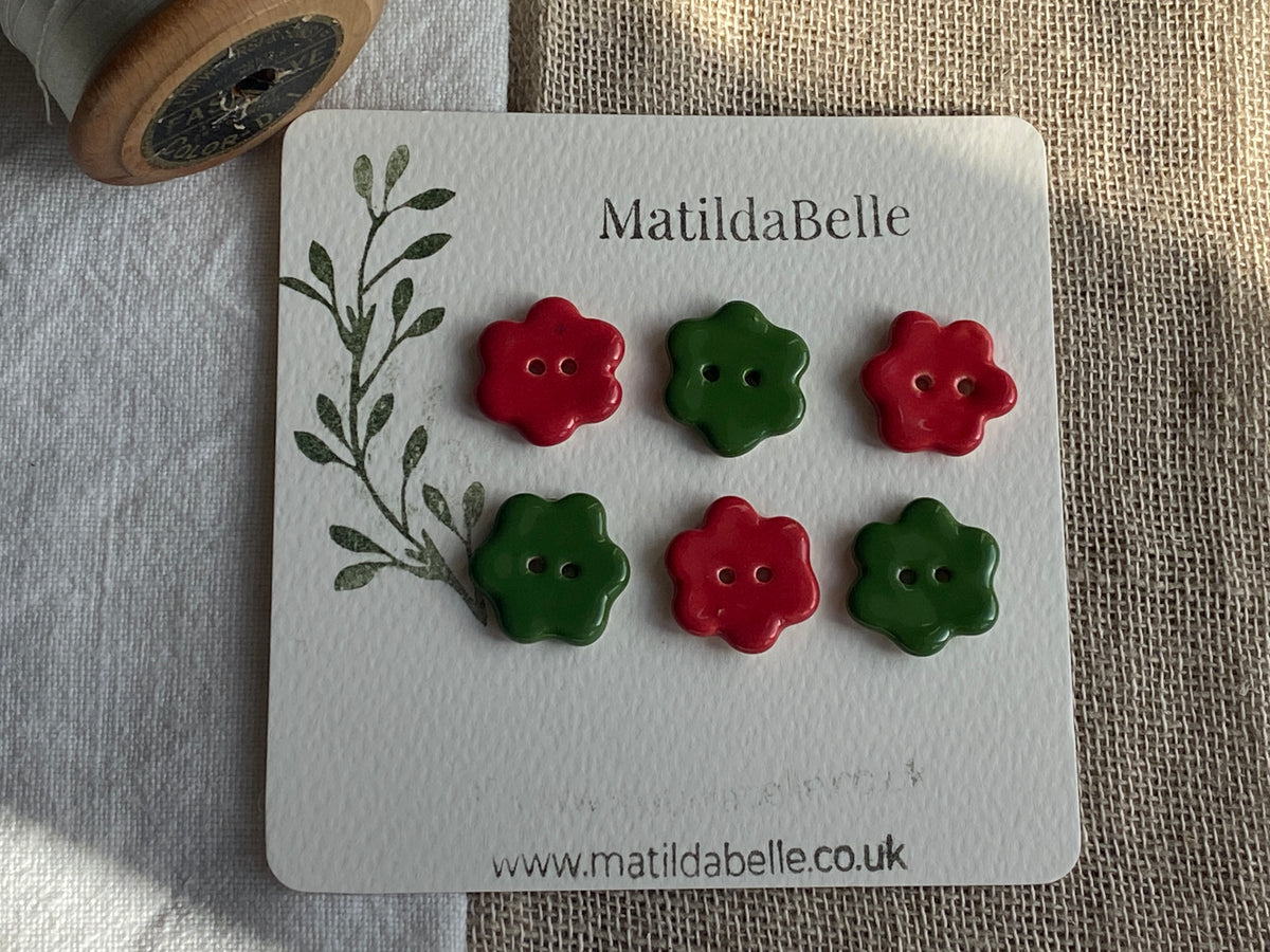 Forest Green and Lipstick Red Flower Buttons, 20mm Set of 6