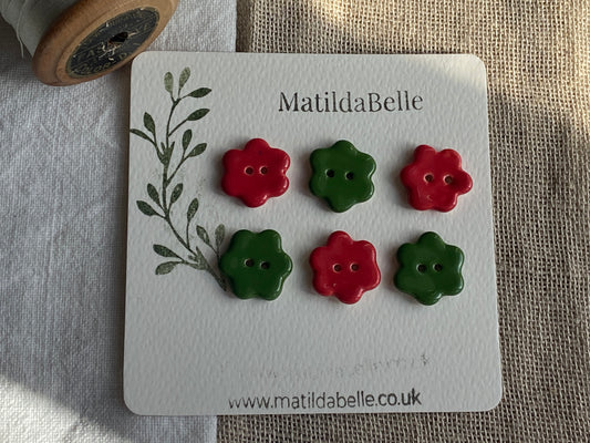 Forest Green and Lipstick Red Flower Buttons, 20mm Set of 6