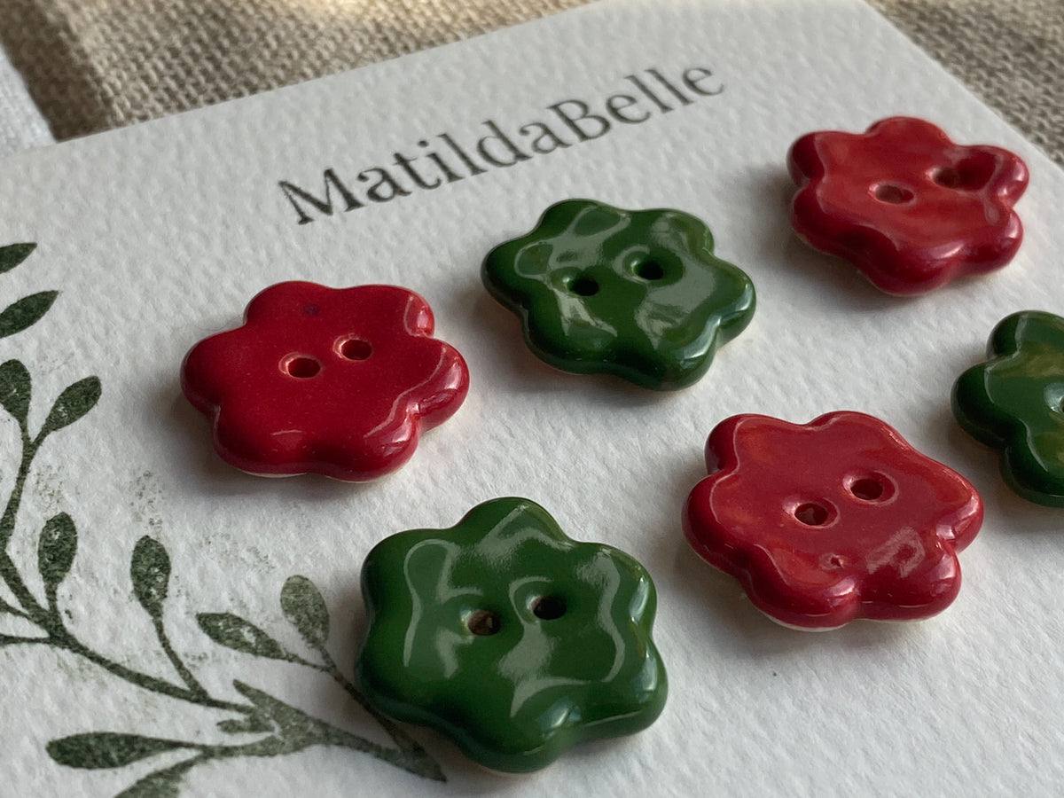 Forest Green and Lipstick Red Flower Buttons, 20mm Set of 6