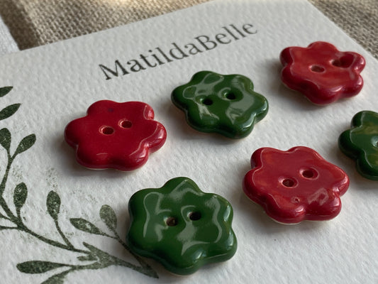 Forest Green and Lipstick Red Flower Buttons, 20mm Set of 6