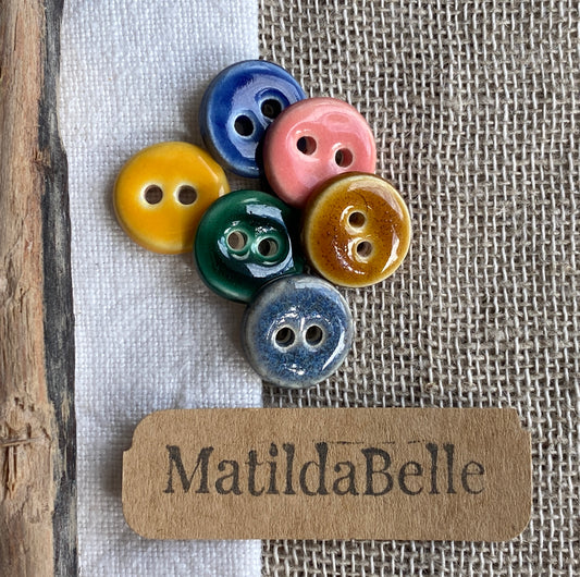 Mixed Colour Handmade Ceramic Buttons, Set of 6, 15mm
