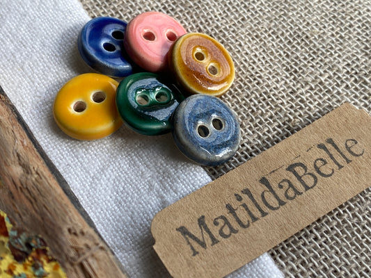 Mixed Colour Handmade Ceramic Buttons, Set of 6, 15mm