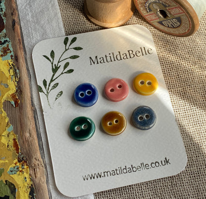 Mixed Colour Handmade Ceramic Buttons, Set of 6, 15mm