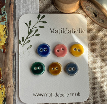 Mixed Colour Handmade Ceramic Buttons, Set of 6, 15mm
