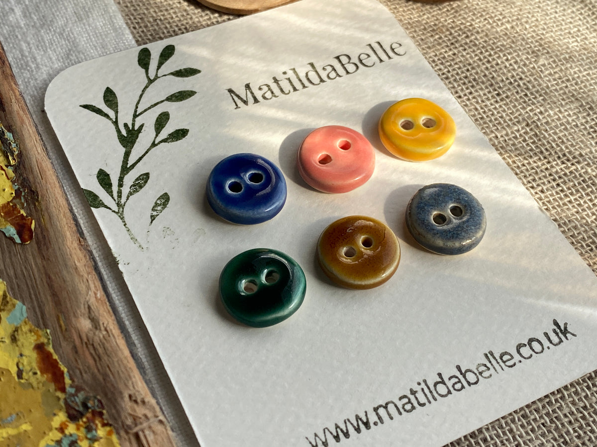 Mixed Colour Handmade Ceramic Buttons, Set of 6, 15mm