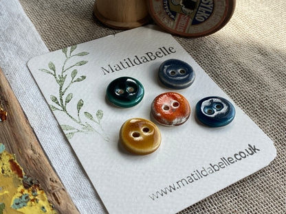 Mixed Colour Handmade Ceramic Buttons, Set of 5, 17mm