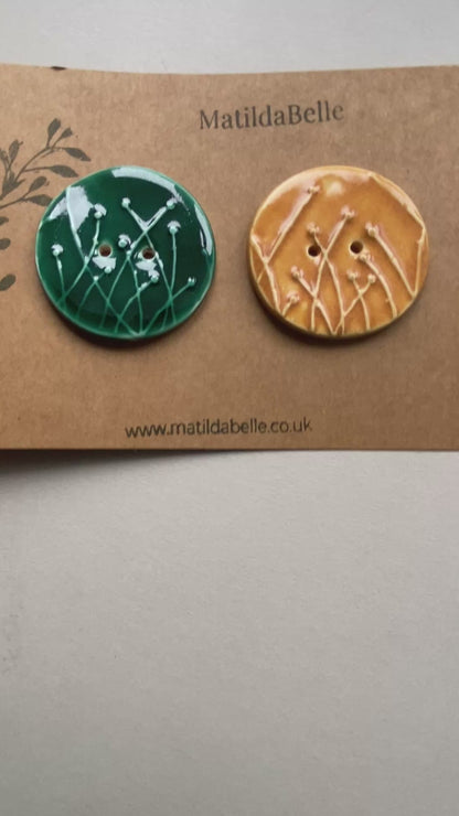 Large Pair of Botanical Handmade Buttons 46mm Green and Honey