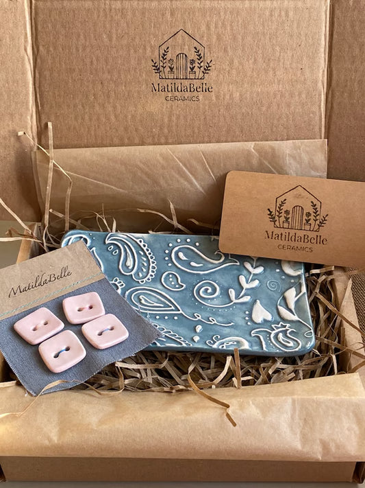 Ceramic Grey / Blue sewing tray with Handmade Pottery Buttons Gift Box